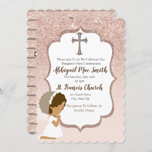 Rose Gold Glitter First Communion Invitation