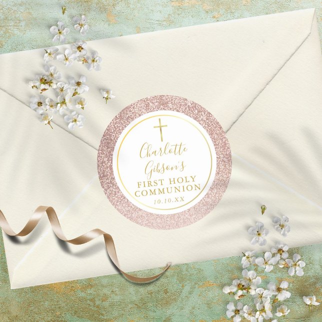 Rose Gold Glitter First Holy Communion Classic Round Sticker (Creator Uploaded)