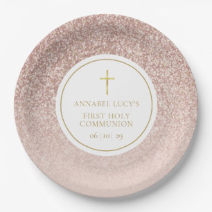 Rose Gold Glitter First Holy Communion Paper Plate
