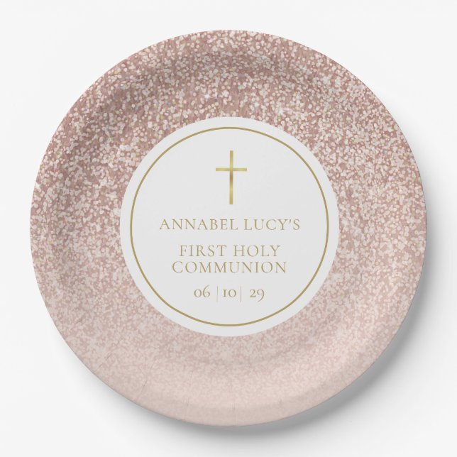 Rose Gold Glitter First Holy Communion Paper Plate (Front)