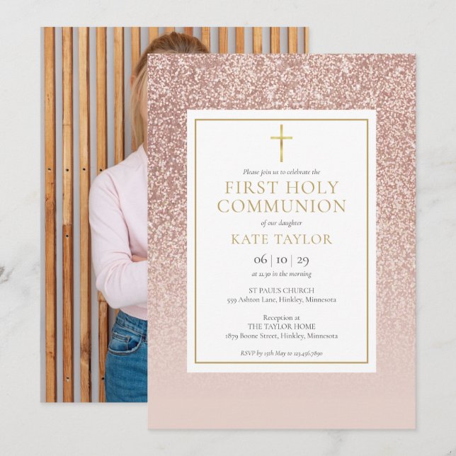 Rose Gold Glitter First Holy Communion Photo Invitation (Front/Back)