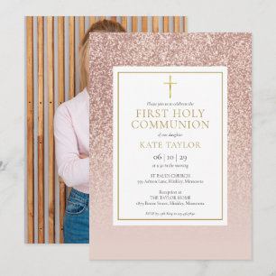 Rose Gold Glitter First Holy Communion Photo Invitation