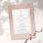 Rose Gold Glitter First Holy Communion Save The Date<br><div class="desc">Featuring elegant rose gold glitter ombre and an elegant gold crucifix,  this chic first holy communion save the date invitation can be personalized with your special information. Designed by Thisisnotme©</div>