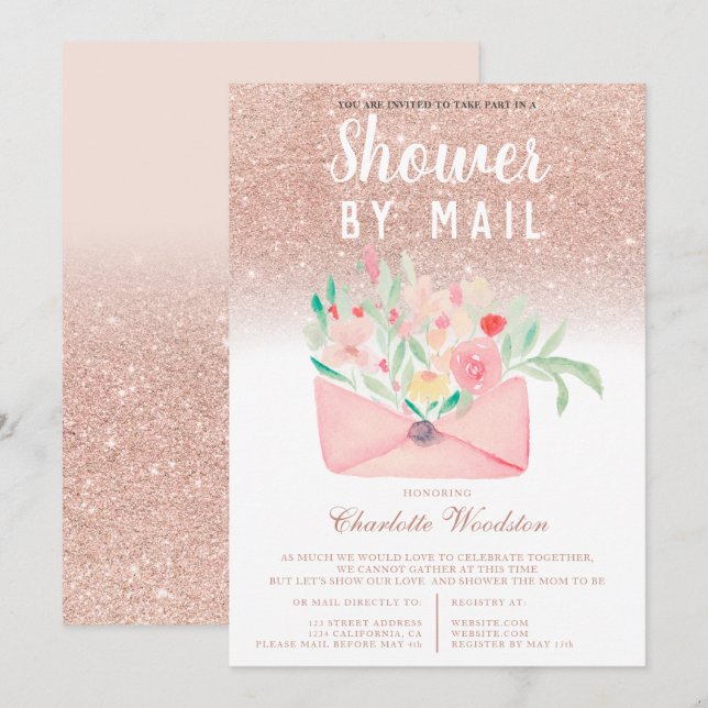 Rose gold glitter floral baby shower by mail invitation (Front/Back)
