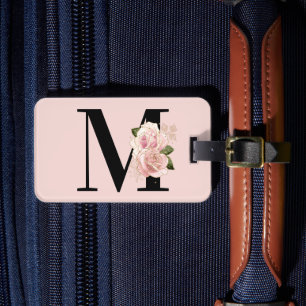Rose Gold Glitter Floral Blush and Black Monogram Luggage Tag