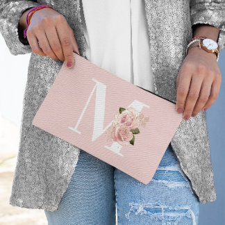 Rose Gold Glitter Floral Blush and White Monogram Accessory Pouch