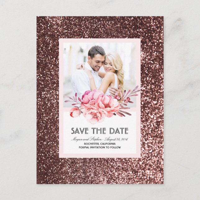 Rose Gold Glitter Floral Blush Photo Save the Date Announcement Postcard (Front)