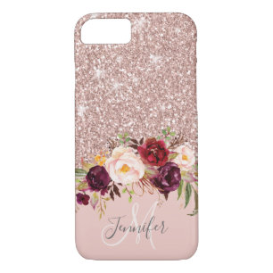 Rose Gold Glitter Floral Blush Pink Monogram Name iPhone 8/7 Case
