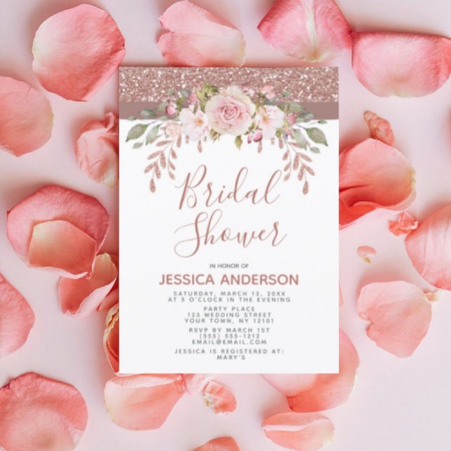 Rose Gold Glitter Floral Bridal Shower Invitation (Creator Uploaded)