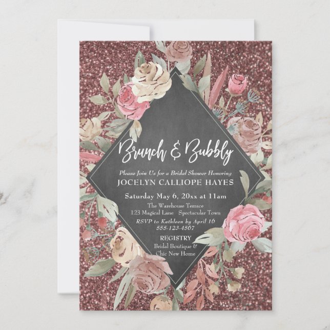 Rose Gold Glitter Floral Chalkboard Brunch Bubbly Invitation (Front)