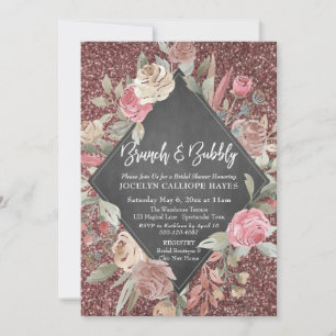 Rose Gold Glitter Floral Chalkboard Brunch Bubbly Invitation
