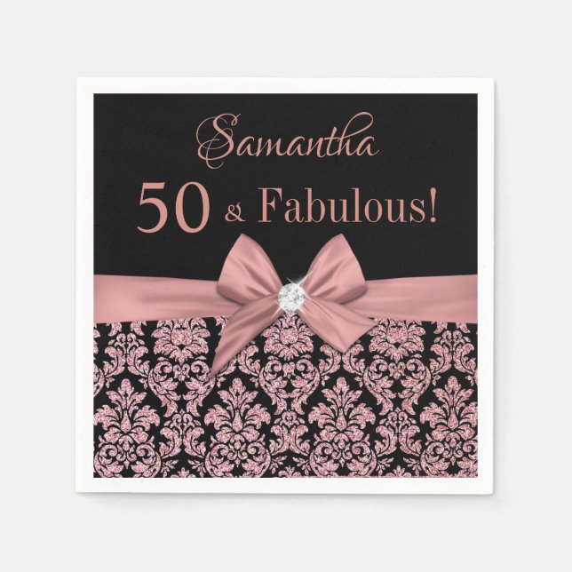 Rose Gold Glitter Floral Damask 50th Birthday Napkin (Front)