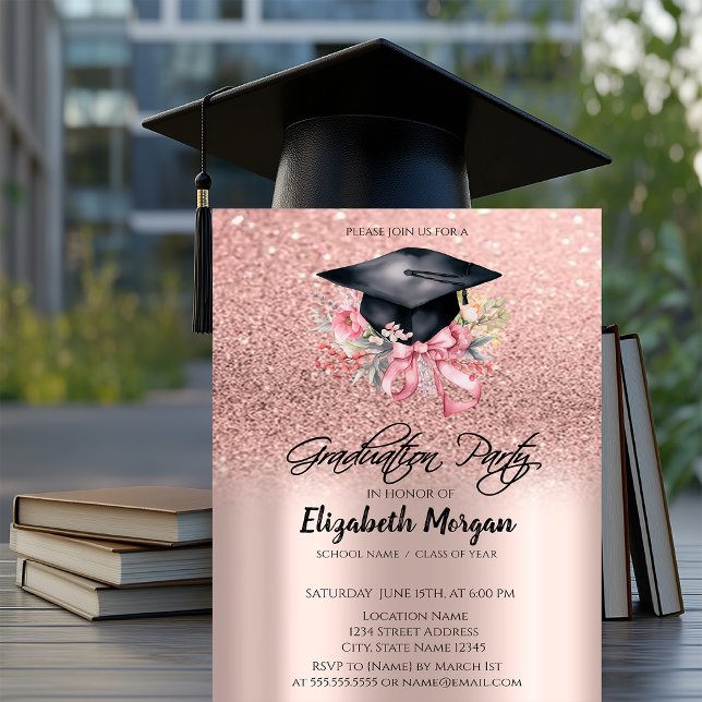 Rose Gold Glitter Floral Grad Cap Bow Graduation Invitation (Creator Uploaded)