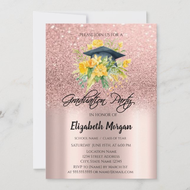 Rose Gold Glitter Floral Grad Cap Graduation Invitation (Front)