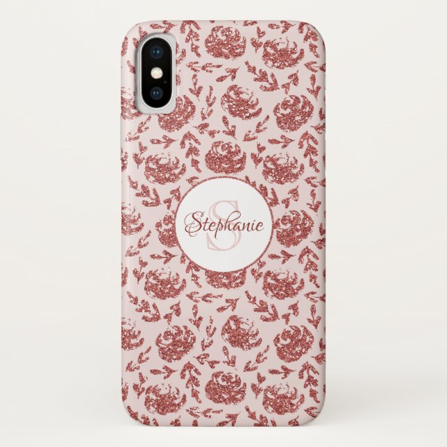 Rose Gold Glitter Floral Monogram Case-Mate iPhone Case (Back)