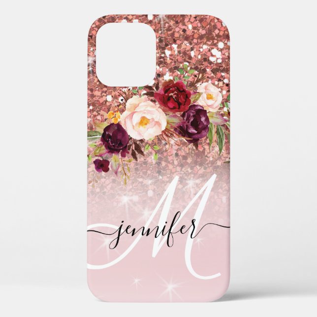 Rose Gold Glitter Floral Monogram Name Case-Mate iPhone Case (Back)