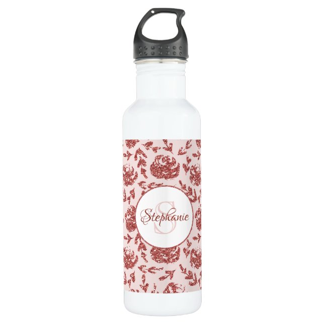 Rose Gold Glitter Floral Monogram Personalised 710 Ml Water Bottle (Front)