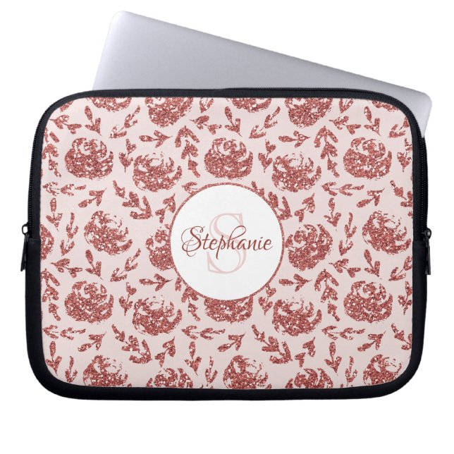 Rose Gold Glitter Floral Monogram Personalised Laptop Sleeve (Front)