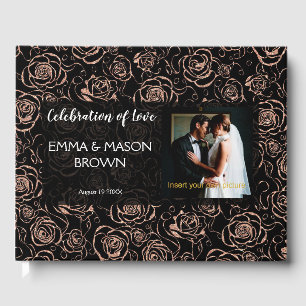Rose Gold Glitter Floral on Black Guest Book