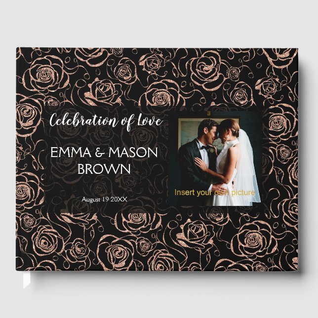 Rose Gold Glitter Floral on Black Guest Book (Front)