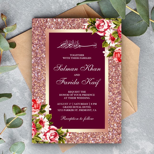 Rose Gold Glitter Floral Pink Islamic Muslim Invitation (Creator Uploaded)