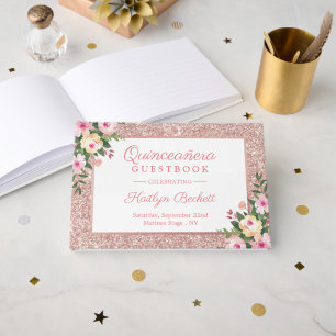 Rose Gold Glitter Floral Quinceañera 15th Birthday Guest Book