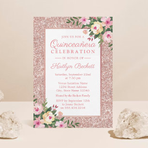 Rose Gold Glitter Floral Quinceañera 15th Birthday Invitation
