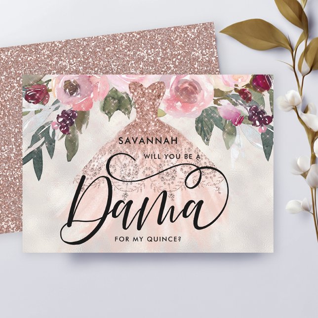 Rose Gold Glitter Floral Quinceañera Dama Proposal Invitation (Creator Uploaded)