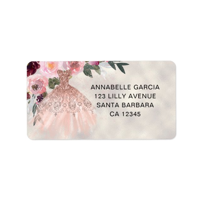 Rose Gold Glitter Floral Quinceañera  Label (Front)
