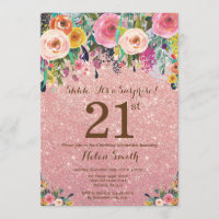Rose Gold Glitter Floral Surprise 21st Birthday