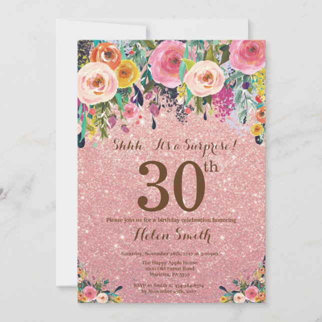 Rose Gold Glitter Floral Surprise 30th Birthday Invitation (Front)