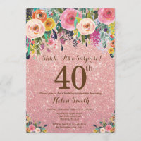 Rose Gold Glitter Floral Surprise 40th Birthday