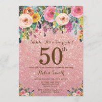 Rose Gold Glitter Floral Surprise 50th Birthday