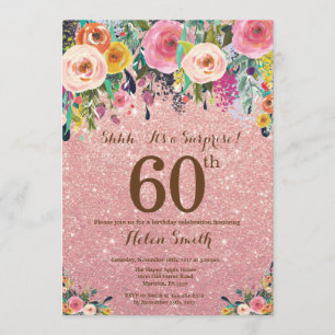 Rose Gold Glitter Floral Surprise 60th Birthday Invitation