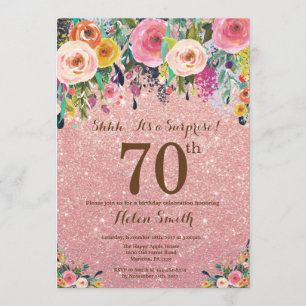 Rose Gold Glitter Floral Surprise 70th Birthday Invitation