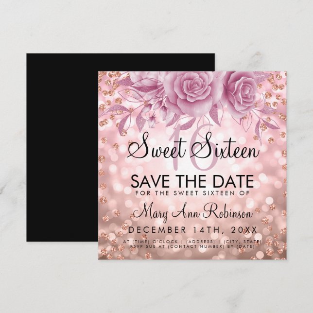 Rose Gold Glitter Floral Sweet 16 Save The Date Invitation (Front/Back)