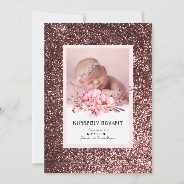 Rose Gold Glitter Floral Sweet Baby Girl Birth Announcement (Front)