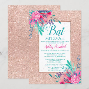 Rose gold glitter floral watercolor Bat Mitzvah Invitation