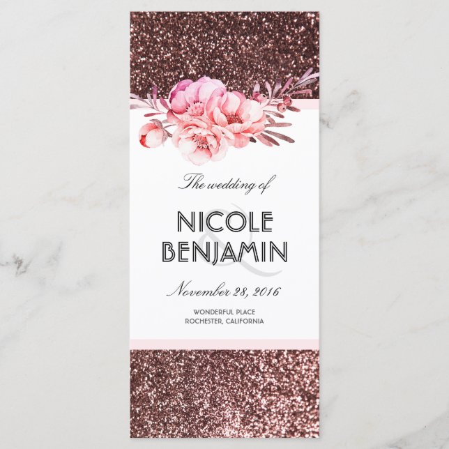 Rose Gold Glitter Floral Wedding Programs Programme (Front)