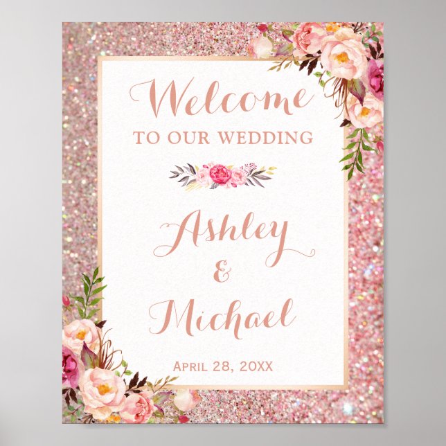 Rose Gold Glitter Floral Wedding Welcome Sign (Front)