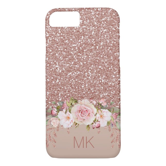 Rose Gold Glitter Floral with Monogram Case-Mate iPhone Case (Back)