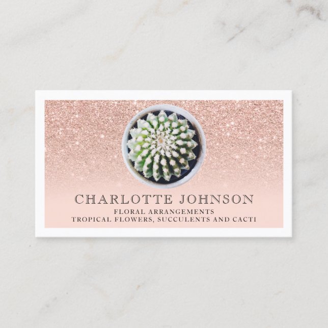Rose gold glitter florist blush cactus photo business card (Front)