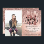 Rose Gold Glitter & Foil 21st Photo Birthday  Invitation<br><div class="desc">Modern,  trendy 21st birthday party invitation. Design features single photo,  typography script,  rose gold glitter drips,  faux foil and sparkly glitter background,  number 21 in trendy rose gold lettering and party details.</div>