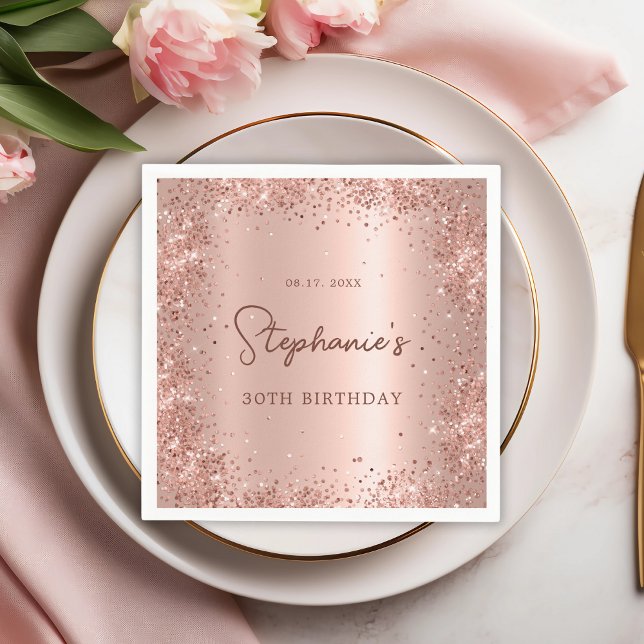 Rose Gold Glitter Foil 30th Birthday Monogram Napkin (Creator Uploaded)