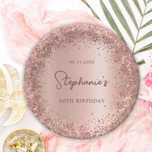 Rose Gold Glitter Foil 30th Birthday Monogram Paper Plate