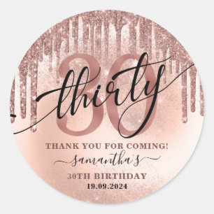 Rose Gold Glitter & Foil 30th Birthday Thank You   Classic Round Sticker