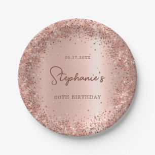 Rose Gold Glitter Foil 60th Birthday Monogram Paper Plate