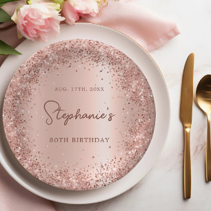 Rose Gold Glitter Foil 80th Birthday Monogram Paper Plate