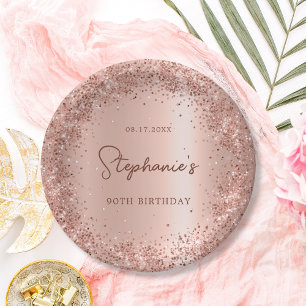 Rose Gold Glitter Foil 90th Birthday Monogram Paper Plate