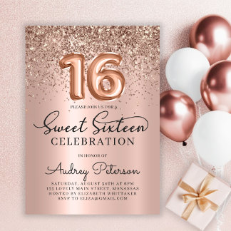 Rose Gold Glitter Foil Balloon Sweet 16th Birthday Invitation